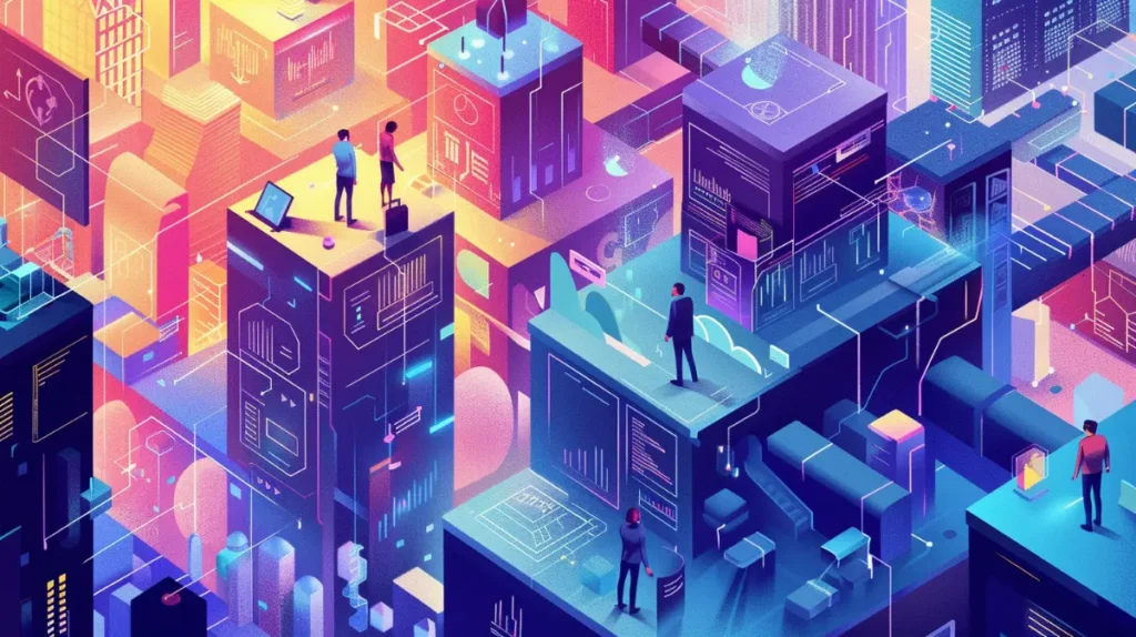 Illustration showing the changing landscape of fintech recruitment. Several people work in an abstract landscape of towers, computers and technology.
